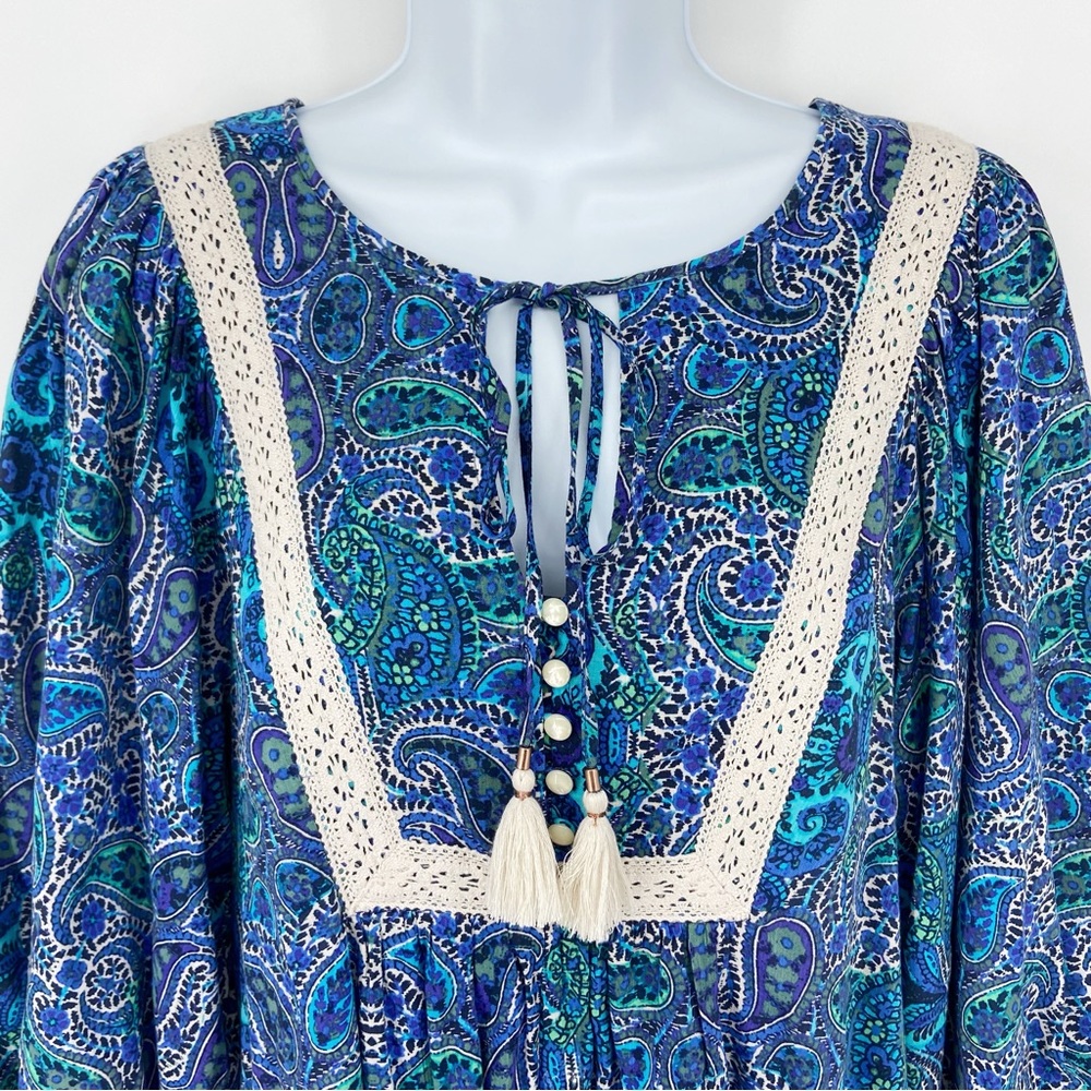 Anthropologie Lissa Boho Crochet Lace Detail Paisley Print Puff Sleeve Romper XS - Picture 4 of 16